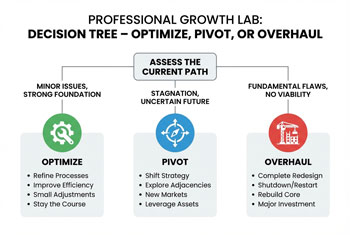 A clean infographic showing the "Optimize vs. Pivot vs. Overhaul" decision tree from your blog