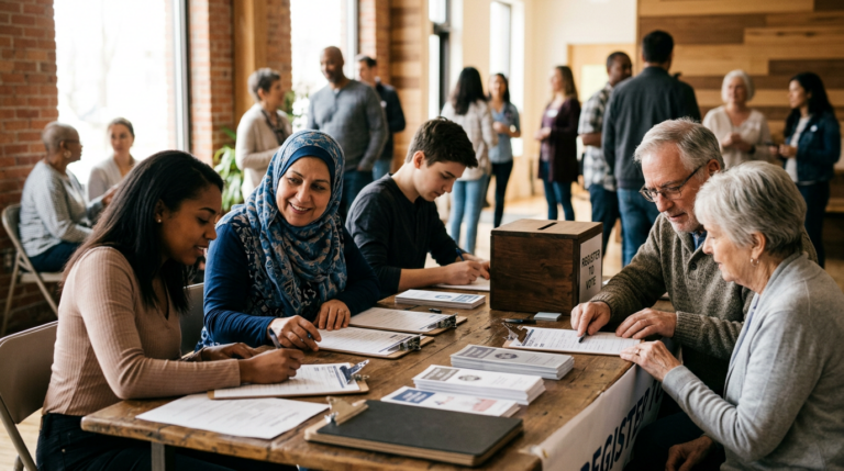Volunteers helping neighbors at a nonpartisan voter registration table, illustrating 501(c)(3) election rules