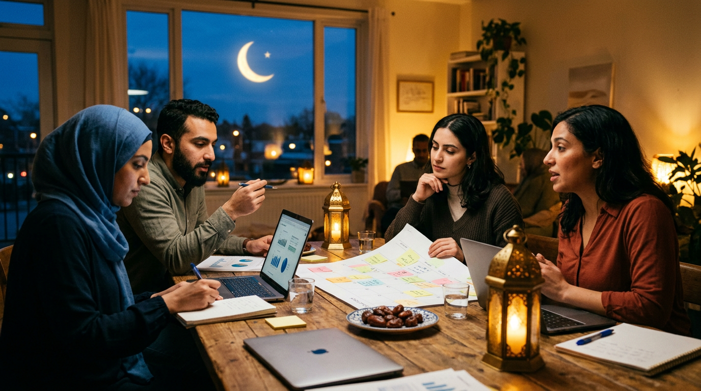 Nonprofit team planning a Ramadan fundraising campaign at dusk under a crescent moon