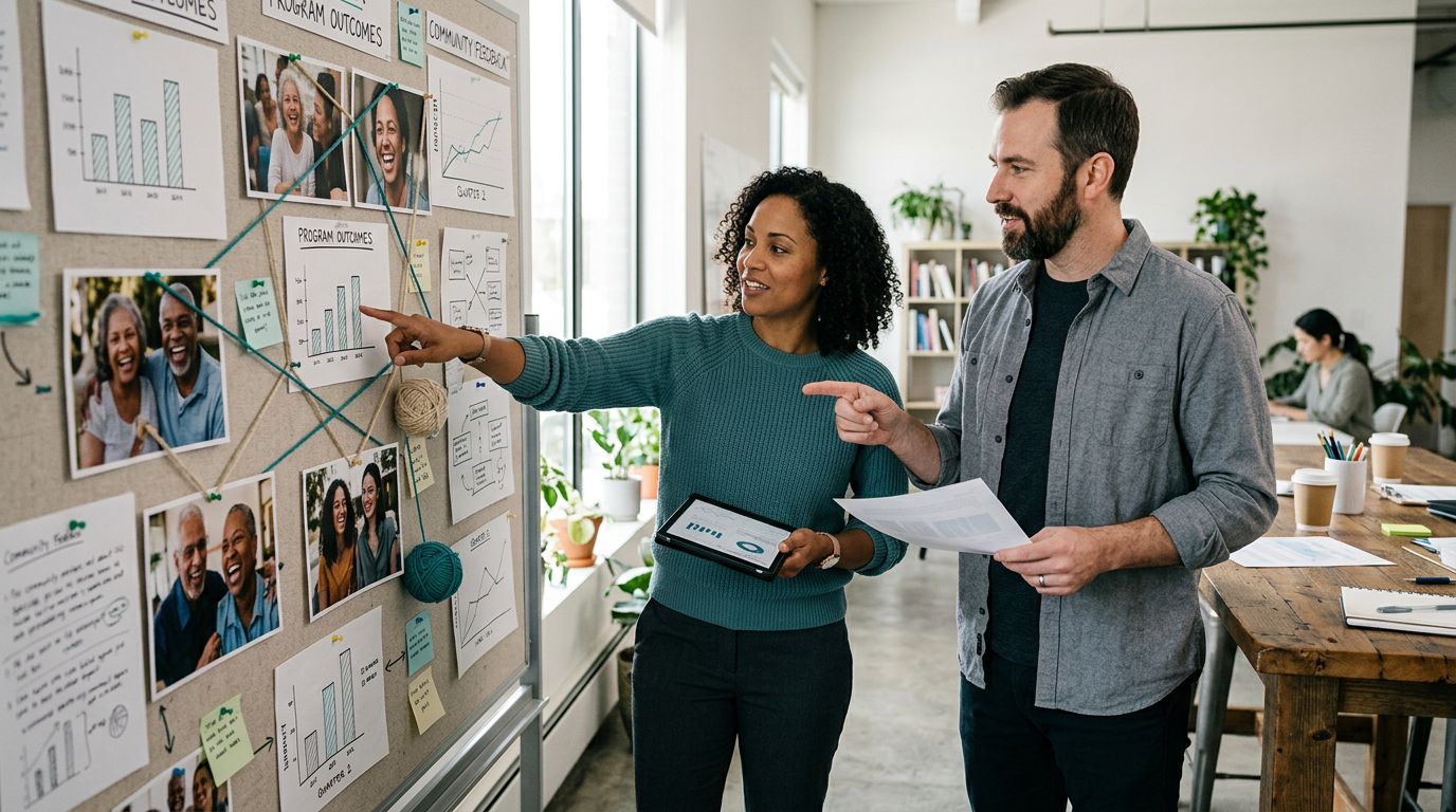 Nonprofit staff reviewing impact measurement charts alongside photos of community members